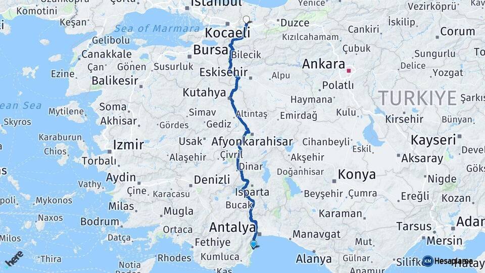 Antalya Kemer Sakarya Arası Kaç Km - Yol Haritası