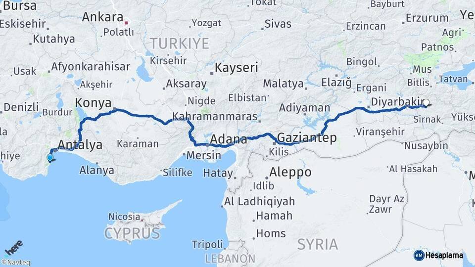 Antalya Kemer Siirt Arası Kaç Km - Yol Haritası