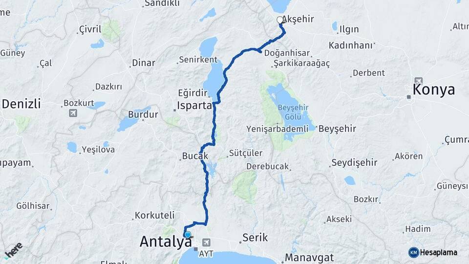 Antalya Kepez Akşehir Konya Arası Kaç Km - Yol Haritası