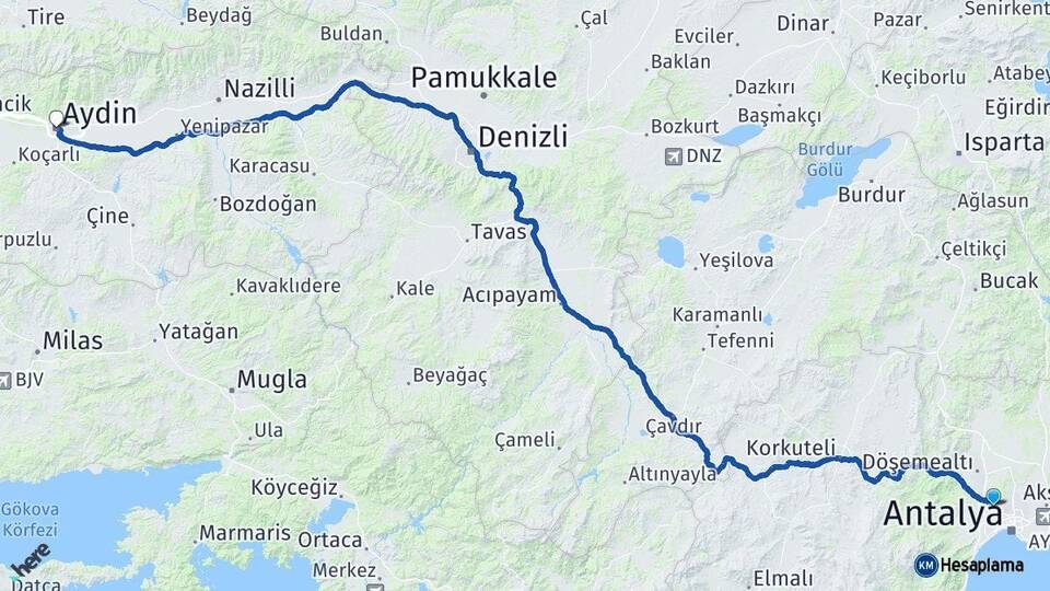 Antalya Kepez Aydın Arası Kaç Km - Yol Haritası