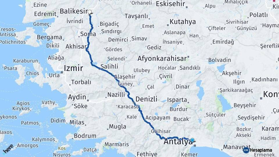 Antalya Kepez Balıkesir Arası Kaç Km - Yol Haritası