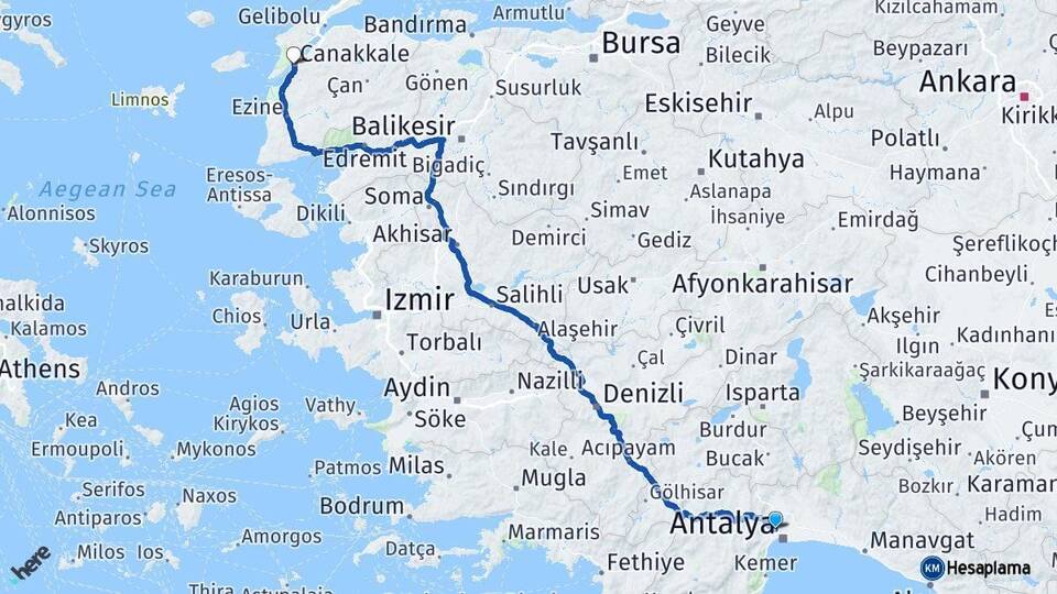 Antalya Kepez Çanakkale Arası Kaç Km - Yol Haritası