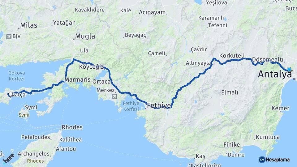 Antalya Kepez Datça Muğla Arası Kaç Km - Yol Haritası