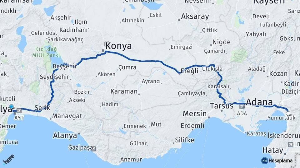 Antalya Kepez Dörtyol Hatay Arası Kaç Km - Yol Haritası