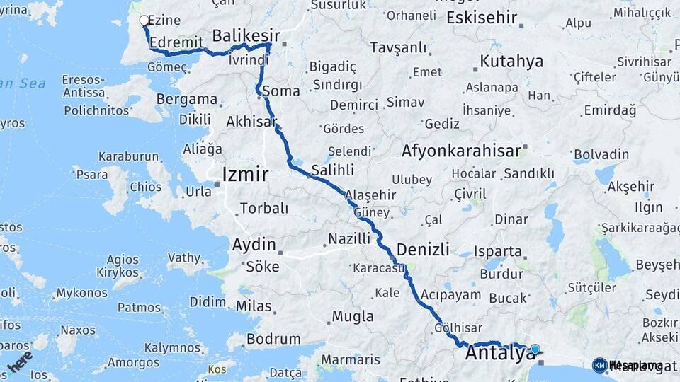 Antalya Kepez Ezine Çanakkale Arası Kaç Km - Yol Haritası