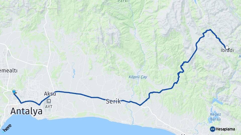 Antalya Kepez İbradı Arası Kaç Km - Yol Haritası