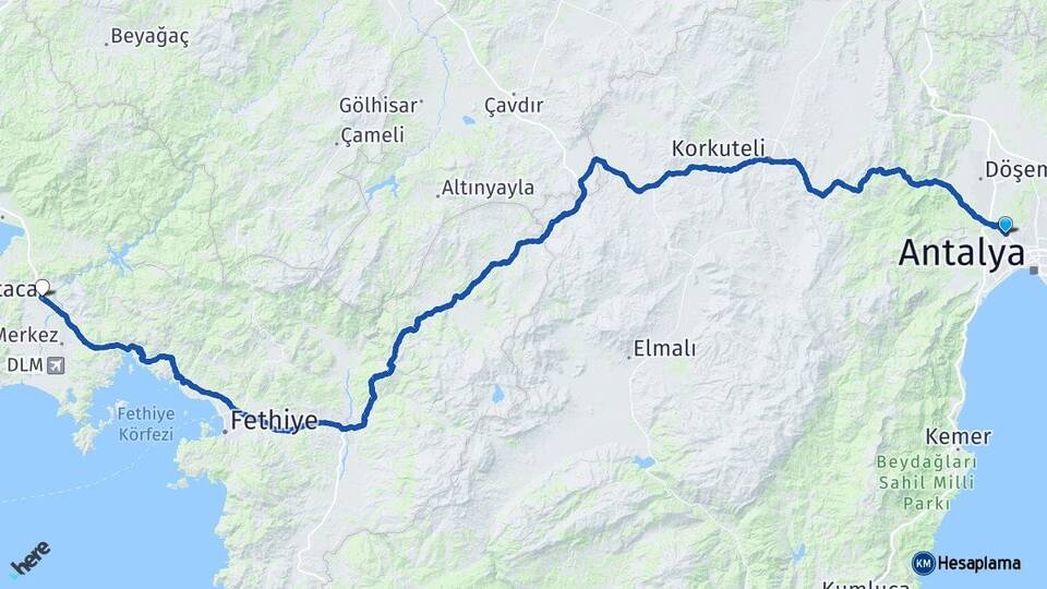 Antalya Kepez Ortaca Muğla Arası Kaç Km - Yol Haritası