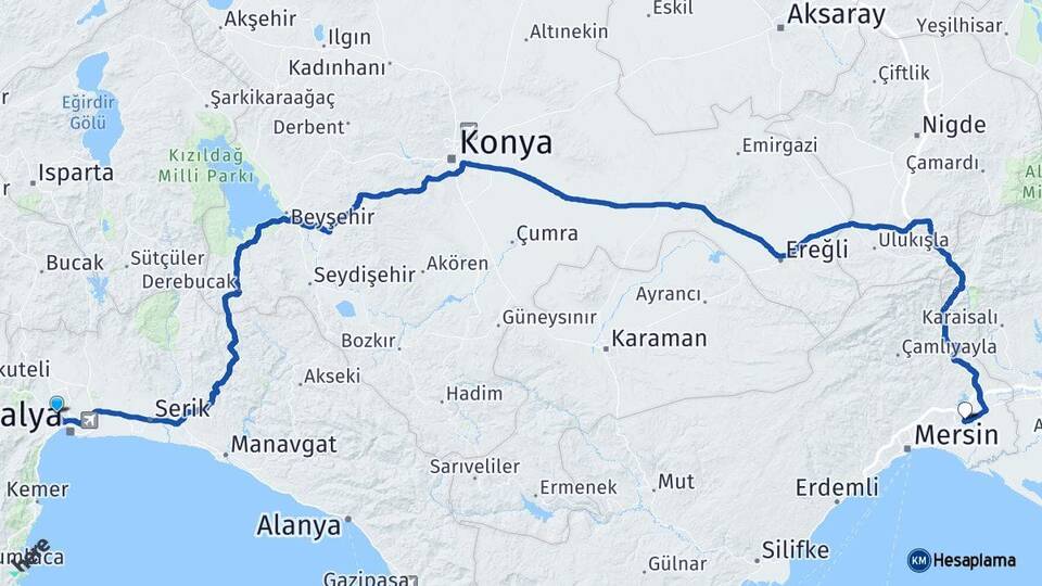 Antalya Kepez Tarsus Mersin Arası Kaç Km - Yol Haritası