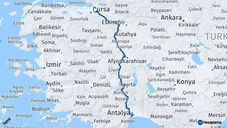 Antalya Kestel Bursa Arası Kaç Km - Yol Haritası