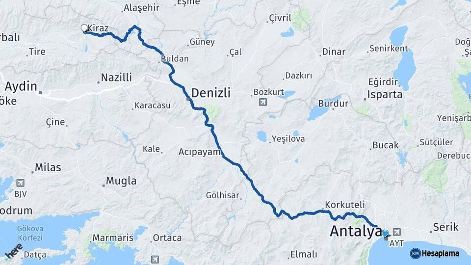 Antalya Kiraz İzmir Arası Kaç Km - Yol Haritası