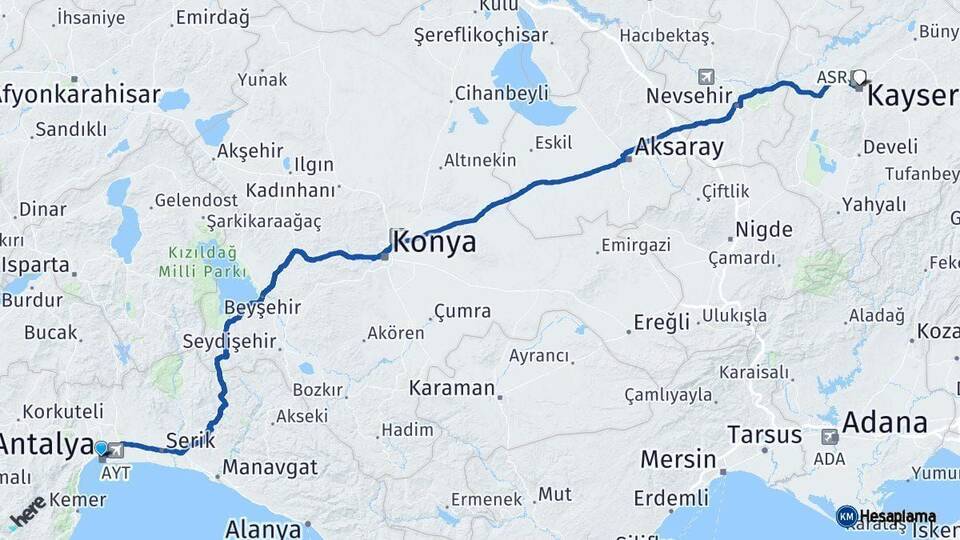 Antalya Kocasinan Kayseri Arası Kaç Km - Yol Haritası