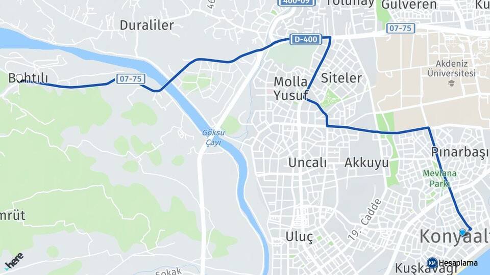 Antalya Konyaaltı Bahtılı Konyaaltı Arası Kaç Km - Yol Haritası