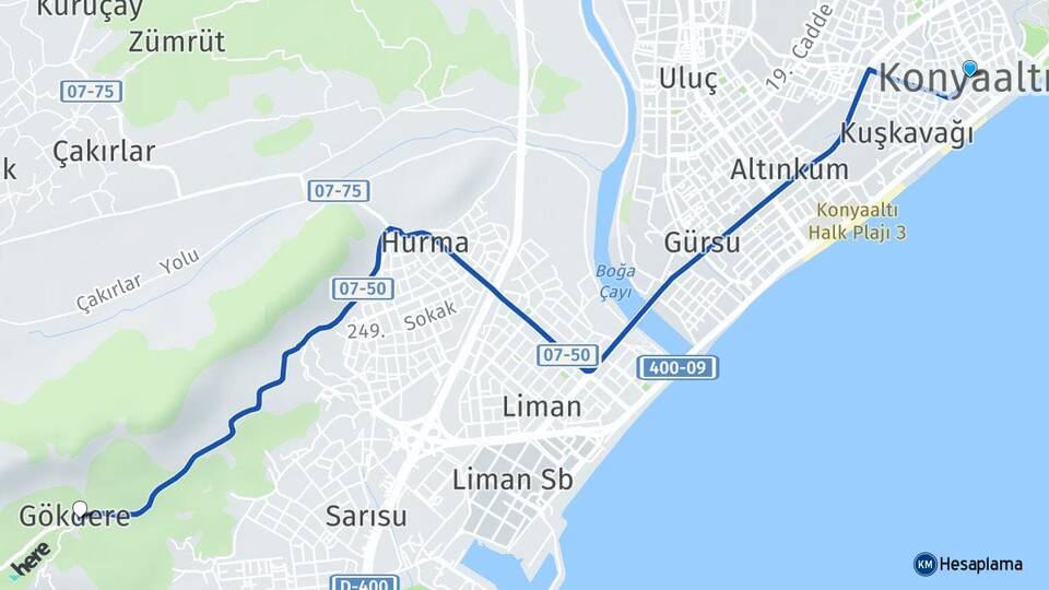 Antalya Konyaaltı Gökdere Konyaaltı Arası Kaç Km - Yol Haritası