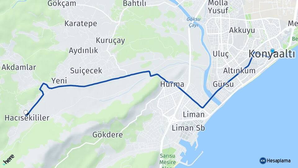 Antalya Konyaaltı Hacısekililer Konyaaltı Arası Kaç Km - Yol Haritası