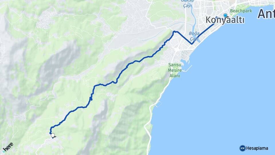 Antalya Konyaaltı Hisarçandır Konyaaltı Arası Kaç Km - Yol Haritası