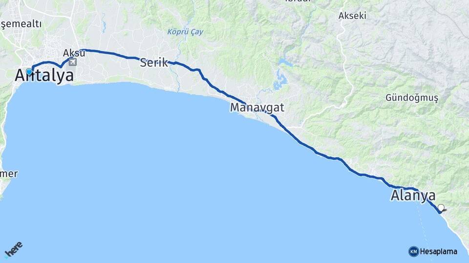 Antalya Konyaaltı Mahmutlar Alanya Arası Kaç Km - Yol Haritası