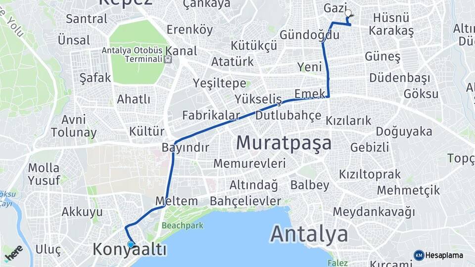 Antalya Konyaaltı Sütçüler Kepez Arası Kaç Km - Yol Haritası