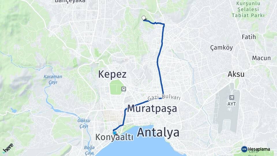 Antalya Konyaaltı Varsak Karşıyaka Kepez Arası Kaç Km - Yol Haritası