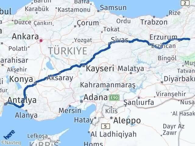 Antalya Köprüköy Erzurum Arası Kaç Km - Yol Haritası