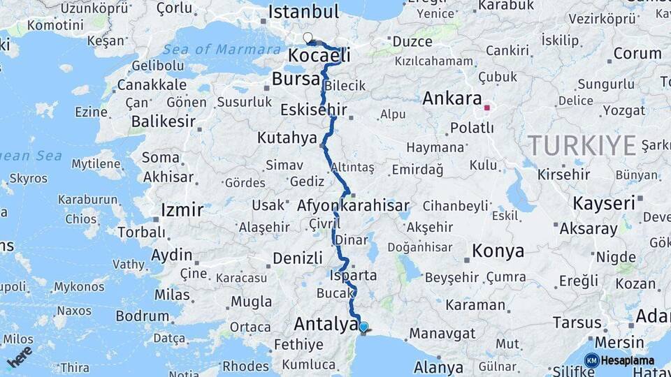 Antalya Körfez Kocaeli Arası Kaç Km - Yol Haritası