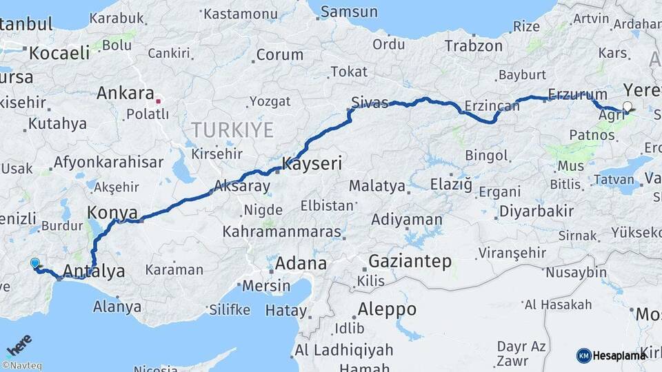 Antalya Korkuteli Ağrı Arası Kaç Km - Yol Haritası