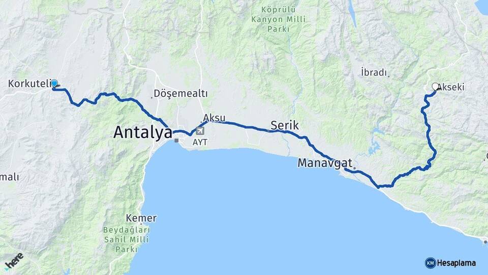 Antalya Korkuteli Akseki Arası Kaç Km - Yol Haritası