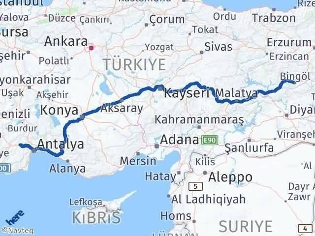 Antalya Korkuteli Bingöl Arası Kaç Km - Yol Haritası