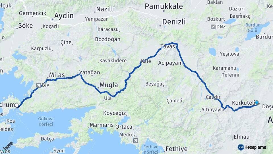 Antalya Korkuteli Bodrum Muğla Arası Kaç Km - Yol Haritası
