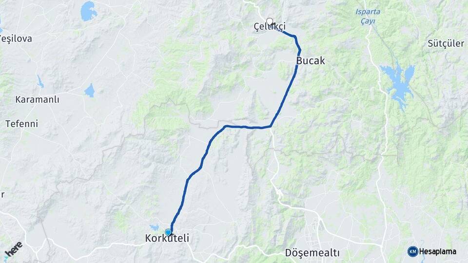 Antalya Korkuteli Çeltikçi Burdur Arası Kaç Km - Yol Haritası