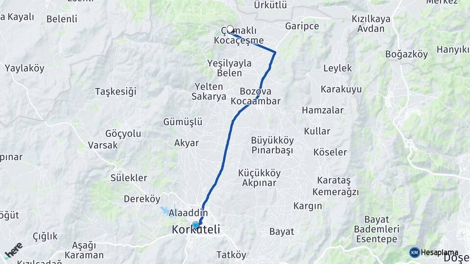 Antalya Korkuteli Çomaklı Korkuteli Arası Kaç Km - Yol Haritası