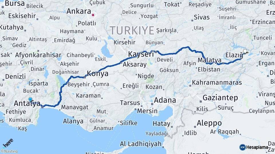 Antalya Korkuteli Elazığ Arası Kaç Km - Yol Haritası