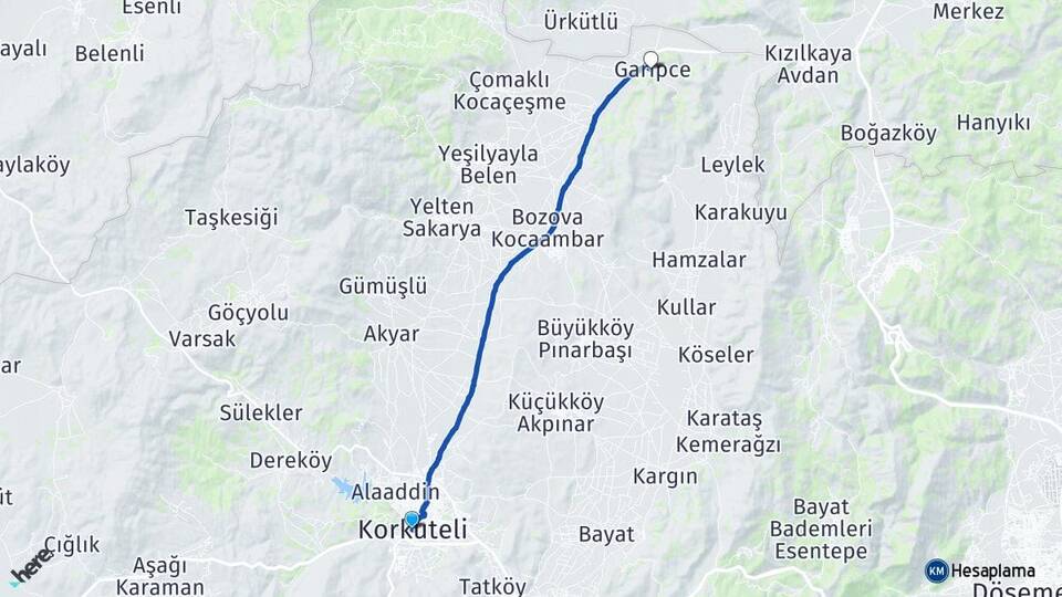 Antalya Korkuteli Garipce Korkuteli Arası Kaç Km - Yol Haritası