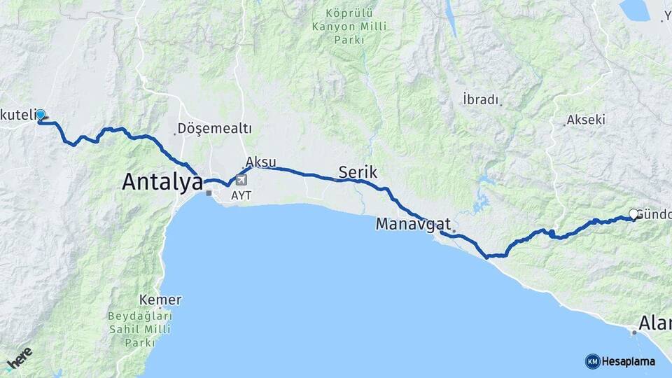 Antalya Korkuteli Gündoğmuş Arası Kaç Km - Yol Haritası