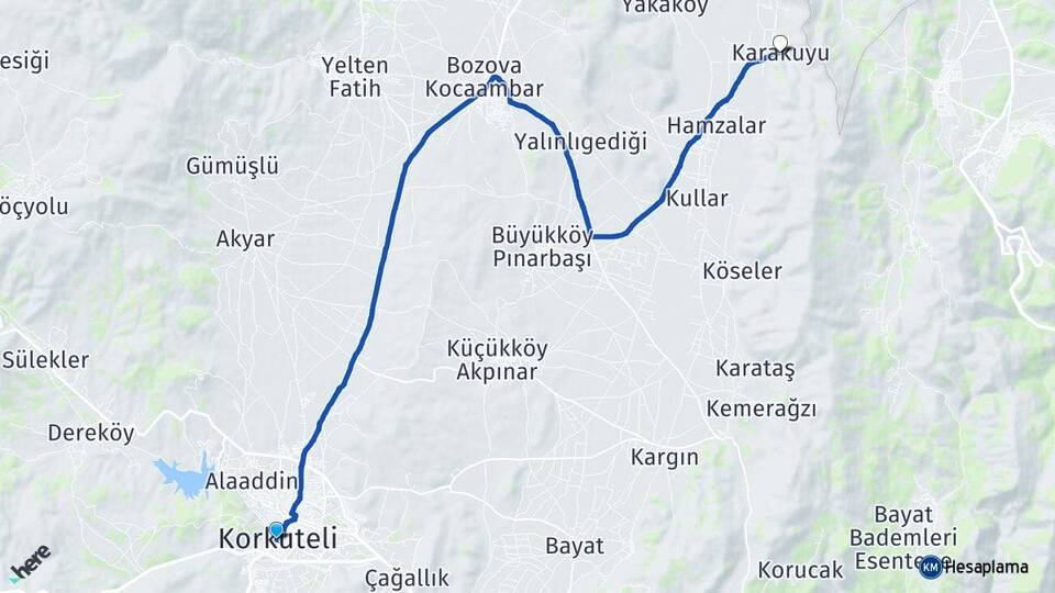 Antalya Korkuteli Karakuyu Korkuteli Arası Kaç Km - Yol Haritası