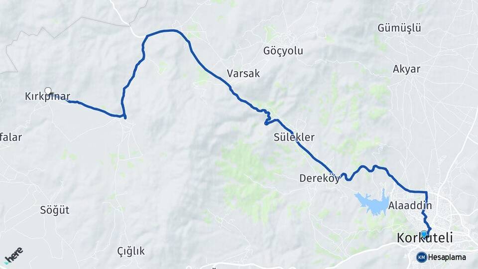Antalya Korkuteli Kırkpınar Korkuteli Arası Kaç Km - Yol Haritası