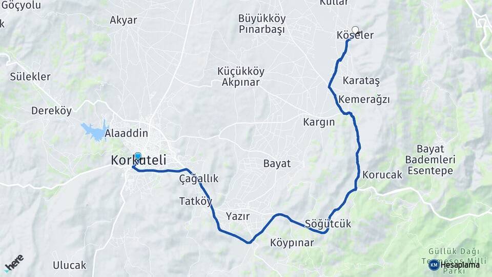 Antalya Korkuteli Köseler Korkuteli Arası Kaç Km - Yol Haritası
