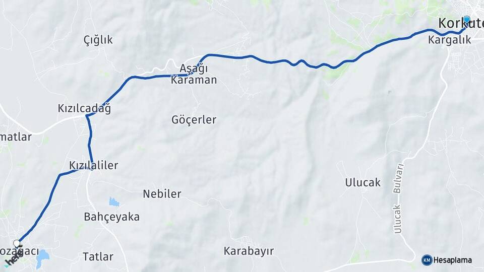 Antalya Korkuteli Kozağacı Korkuteli Arası Kaç Km - Yol Haritası