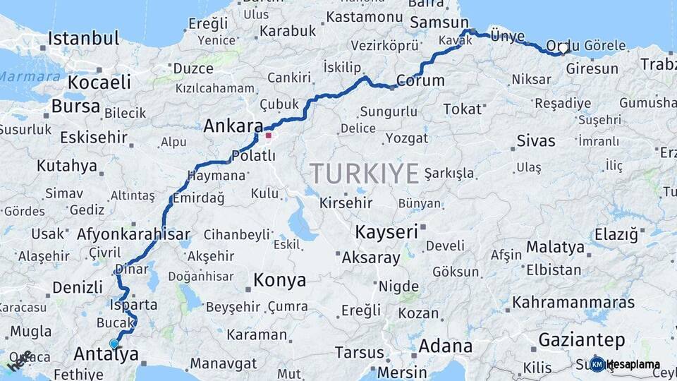 Antalya Korkuteli Ordu Arası Kaç Km - Yol Haritası