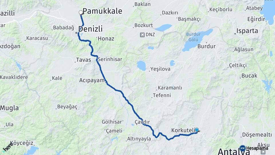 Antalya Korkuteli Pamukkale Denizli Arası Kaç Km - Yol Haritası