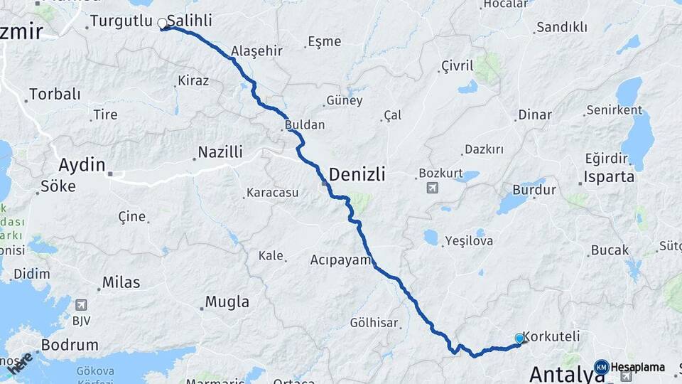 Antalya Korkuteli Salihli Manisa Arası Kaç Km - Yol Haritası