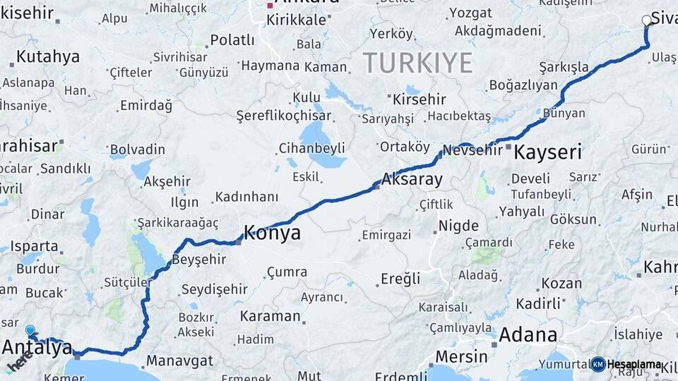 Antalya Korkuteli Sivas Arası Kaç Km - Yol Haritası