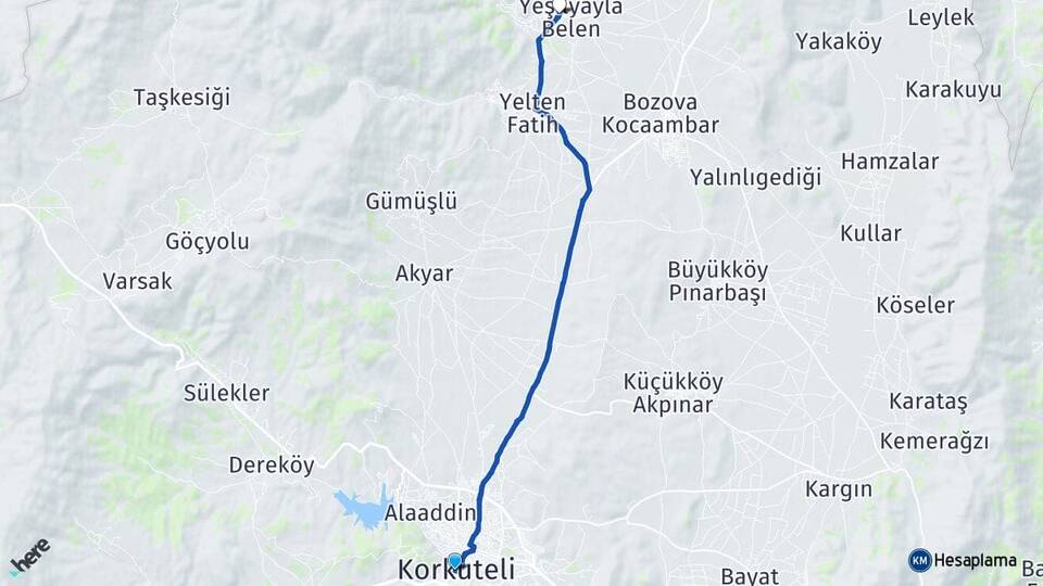 Antalya Korkuteli Yeşilyayla Korkuteli Arası Kaç Km - Yol Haritası