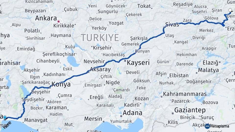 Antalya Köse Gümüşhane Arası Kaç Km - Yol Haritası