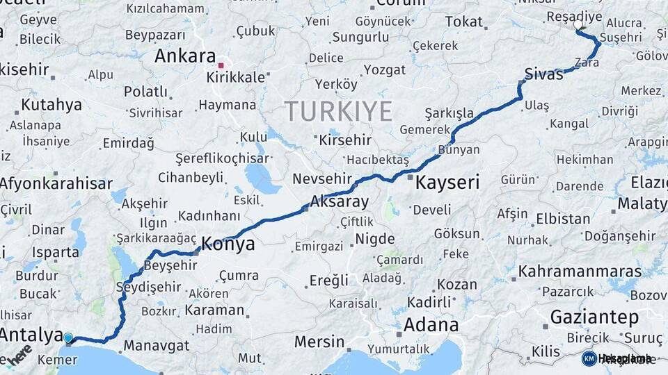Antalya Koyulhisar Sivas Arası Kaç Km - Yol Haritası