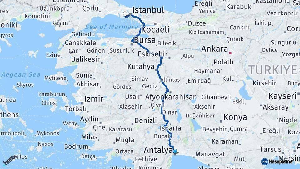 Antalya Küçükçekmece İstanbul Arası Kaç Km - Yol Haritası