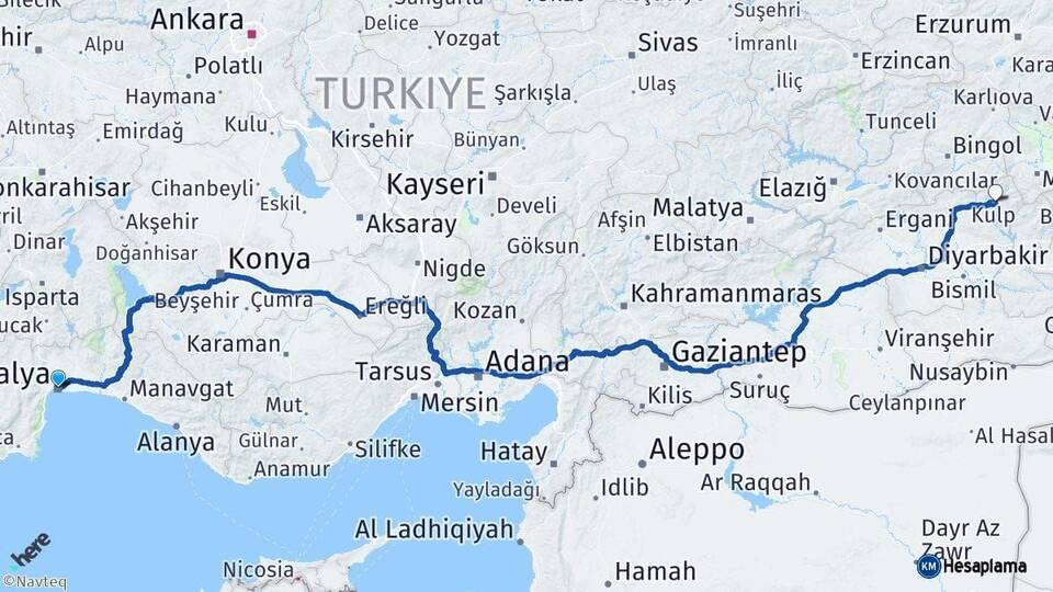Antalya Kulp Diyarbakır Arası Kaç Km - Yol Haritası