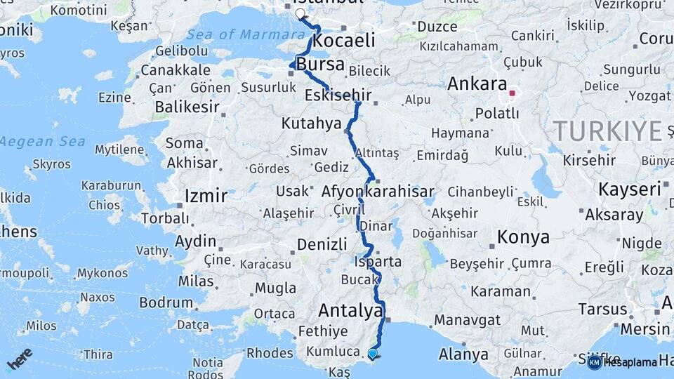 Antalya Kumluca Adrasan Kartal İstanbul Arası Kaç Km - Yol Haritası