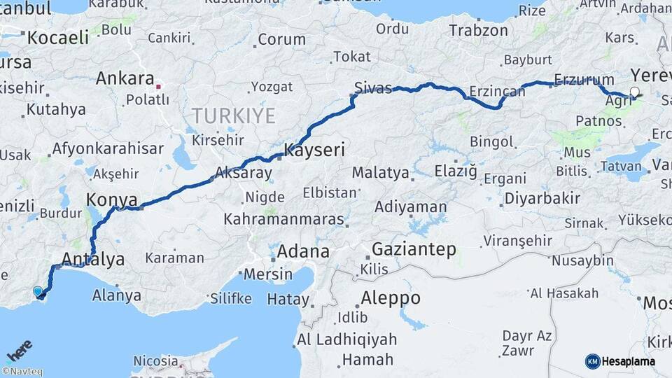 Antalya Kumluca Ağrı Arası Kaç Km - Yol Haritası