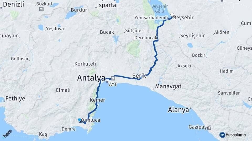 Antalya Kumluca Beyşehir Konya Arası Kaç Km - Yol Haritası
