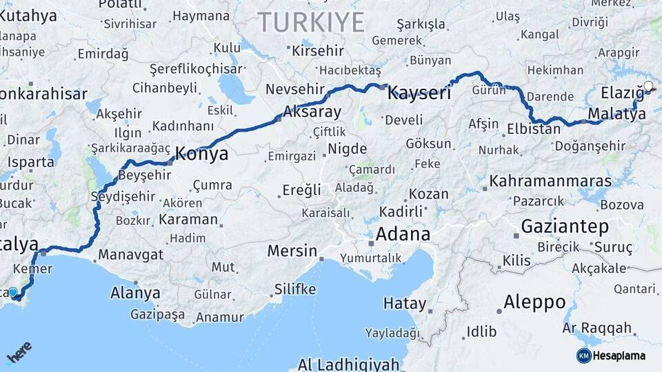 Antalya Kumluca Elazığ Arası Kaç Km - Yol Haritası
